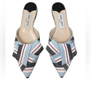 Jimmy Choo Striped Multicolor Fabric Bow Detail Pointed Toe Logo Mules Flats